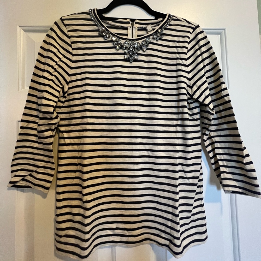J. Crew navy and cream striped top with jeweled accent